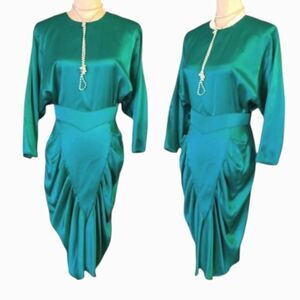 VTG 80s Green Bat Sleeve Belted Tulip Midi Dress Size 9/ 10 *fits like Medium